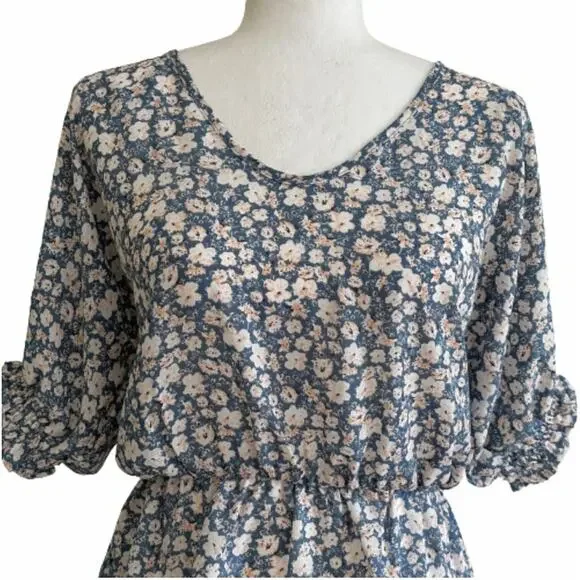 Sienna Sky Top Blouse Short Sleeve Elastic Waist Blue White Floral Top Size XS - Picture 3 of 12
